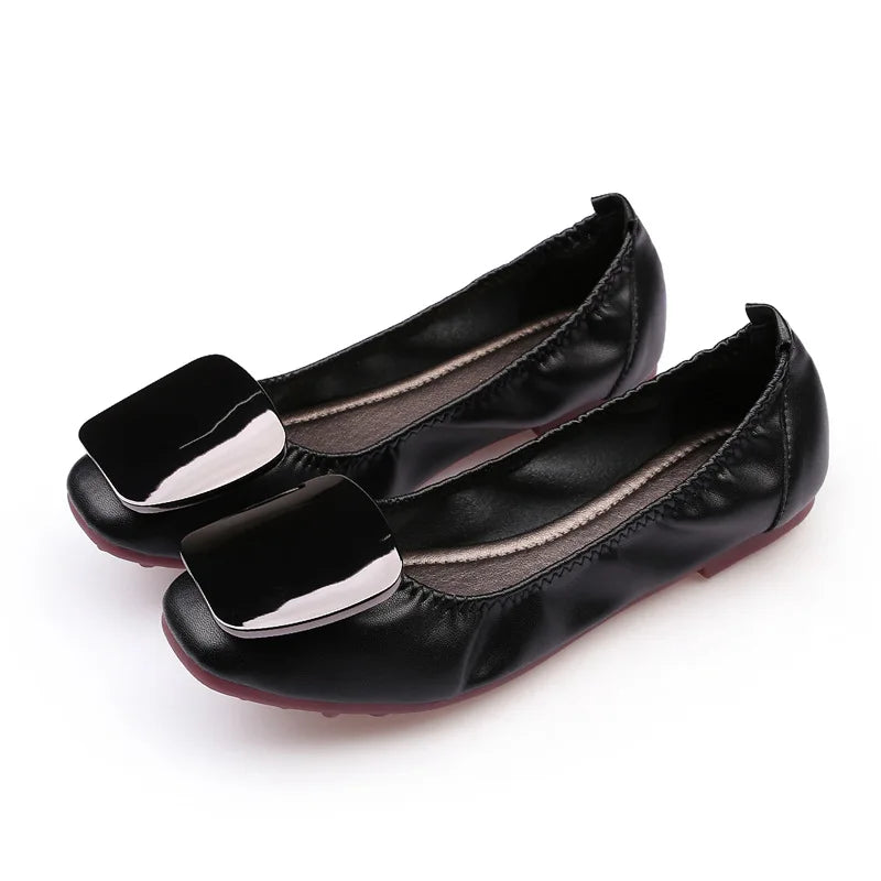 Light Metal buckle roll-up flats ladies shoes cozy moccasins sequined cloth foldable ballet flats woman size