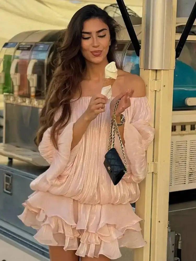 LGRQ 2026 Summer Women Dress Romantic French-style Lantern Sleeves Off-shoulder Mermaid Dress With Shiny Silk Unique Design Natalia Home Fashion    Natalia Home Fashion