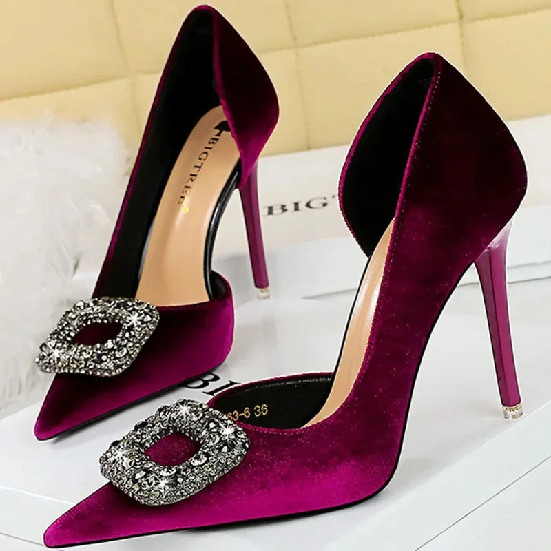 Women 10.5cm Super High Heels Pointed Toe Side Hollow Work Pumps Metal Crystal Buckle Velvet Stiletto Fashion Banquet Lady Shoes