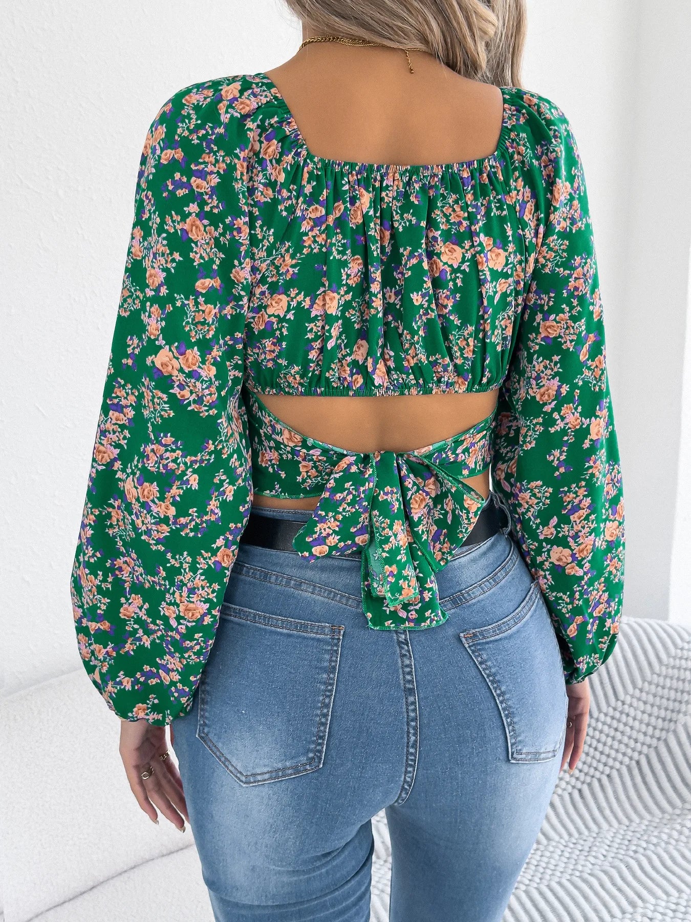 Spring Square Neck Backless T-shirt Casual Women Long Sleeve Bodycon Crop Top Club Short Tops