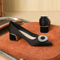 Soft Leather Black Pointed Toe Work Shoes Spring Autumn New Style Comfortable Thick Heel Professional Soft Bottom Shoes