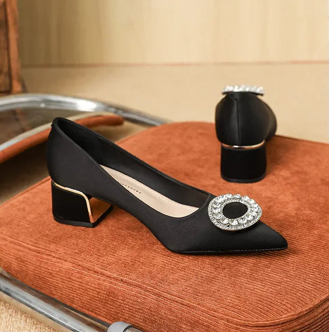 Soft Leather Black Pointed Toe Work Shoes Spring Autumn New Style Comfortable Thick Heel Professional Soft Bottom Shoes