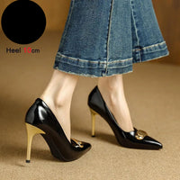 French Style Single Shoes Spring Women Pumps New Pointed Toe Shallow Mouth Metallic Buckle Commuting Shoes Stiletto Single Shoes