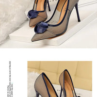 Women's Sexy Nightclub Pole Dancing Show Thin Heels High Mesh Hollowed Out Satin Rose Flower Woman Pumps