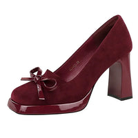Chunky Block Heels Women Pumps Bow Decoration High Heels Square Headed Platform High Heels Suede Ladies Shoes