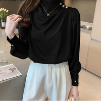 BGTEEVER Stylish Long Sleeve Women Satin Blouses Elegant Loose O-neck Buttons Ladies Pullovers Shirts Tops Spring OL Blusas Natalia Home Fashion    Natalia Home Fashion