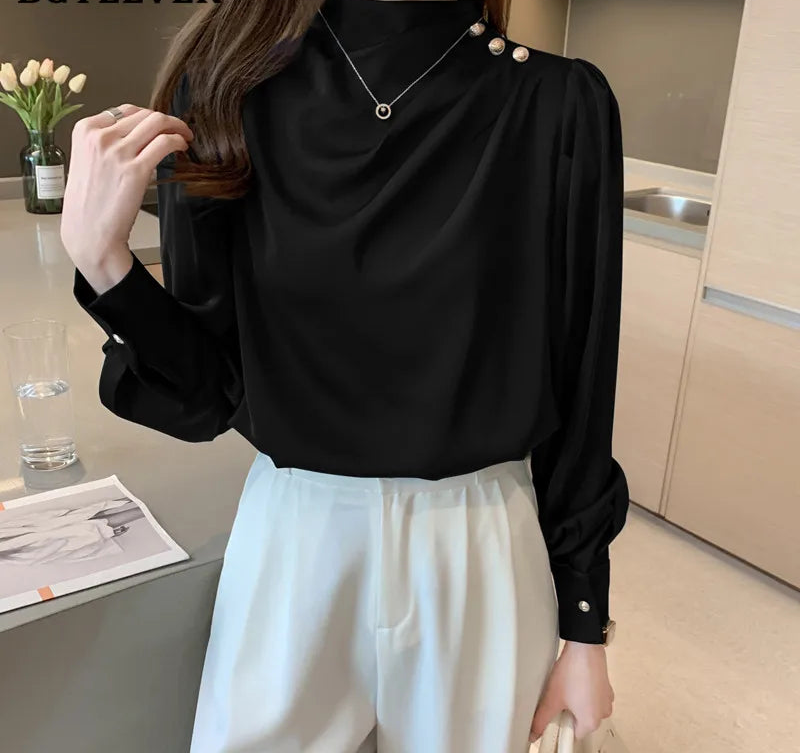 BGTEEVER Stylish Long Sleeve Women Satin Blouses Elegant Loose O-neck Buttons Ladies Pullovers Shirts Tops Spring OL Blusas Natalia Home Fashion    Natalia Home Fashion