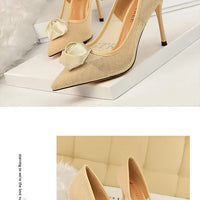 Women's Sexy Nightclub Pole Dancing Show Thin Heels High Mesh Hollowed Out Satin Rose Flower Woman Pumps