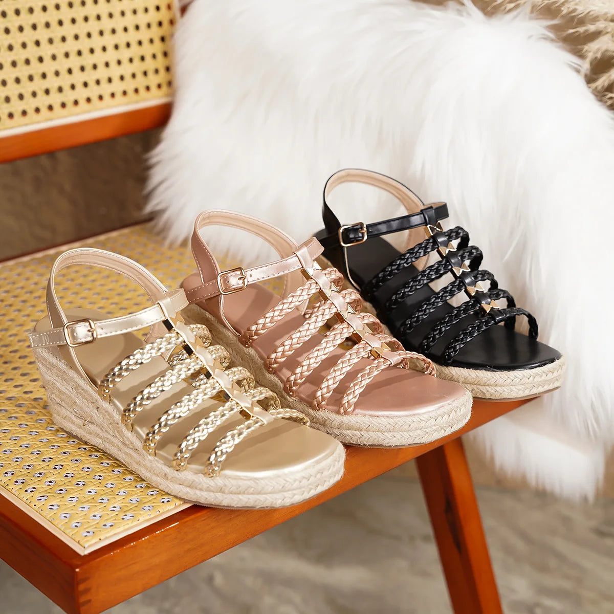 Bohemian Summer Vintage Thick Heel Woven Open Toe Roman Sandals Women's Shoes Ultra-Fibrous Quilted Roman Stilettos