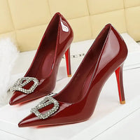 Banquet Pointed High Heels, Shallow Metal Rhinestone Thin Heel Patent Leather High Heels