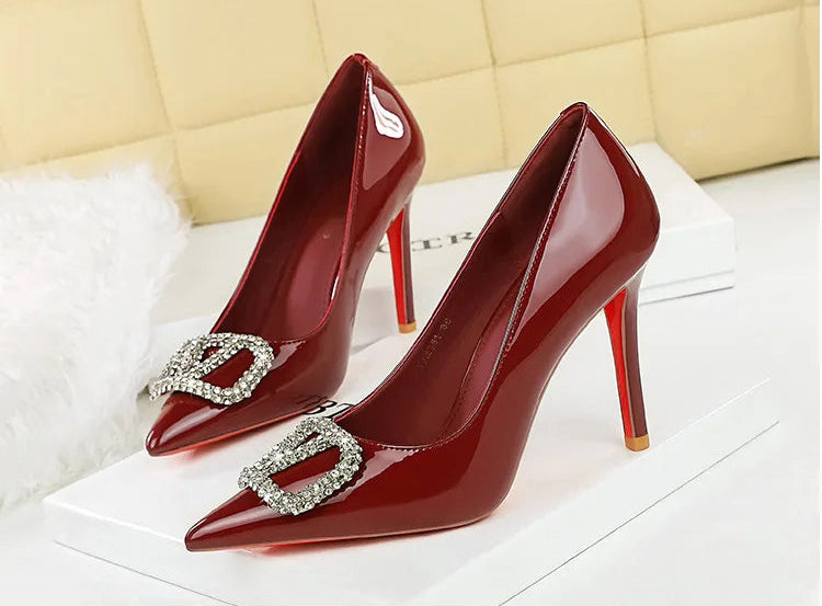 Banquet Pointed High Heels, Shallow Metal Rhinestone Thin Heel Patent Leather High Heels