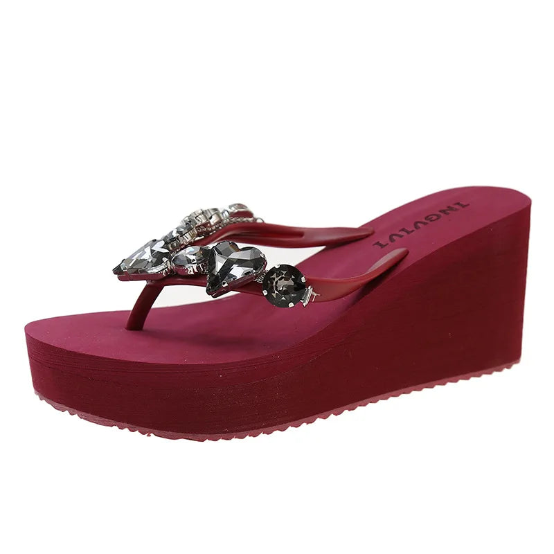 Rhinestone Flip Flops Women's Summer Slope High Heel Non Slip Outer Wear Fashionable Height Enhancing Cool Slippers