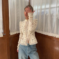 Women's 2026 Vintage White Blouse, Elegant Embroidery Puff Sleeve Hollow Out Lace Stand Collar Casual Summer Top Natalia Home Fashion    Natalia Home Fashion