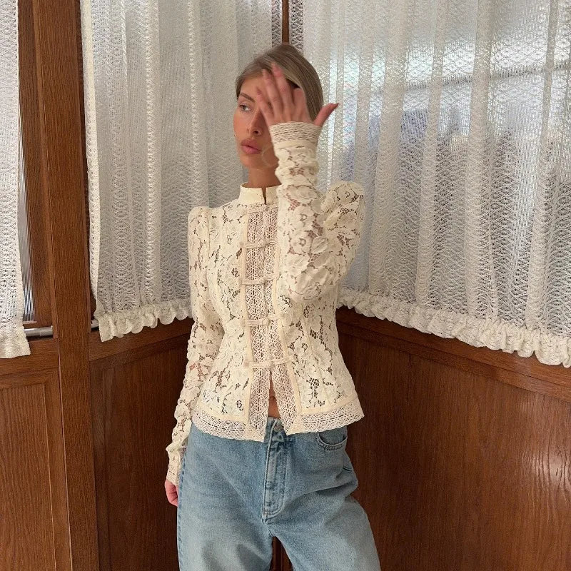 Women's 2026 Vintage White Blouse, Elegant Embroidery Puff Sleeve Hollow Out Lace Stand Collar Casual Summer Top Natalia Home Fashion    Natalia Home Fashion