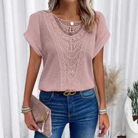 T shirt women 2026 fashion Spring Summer New lace patchwork short-sleeved T-shirt solid color tshirt women's clothing Natalia Home Fashion    Natalia Home Fashion