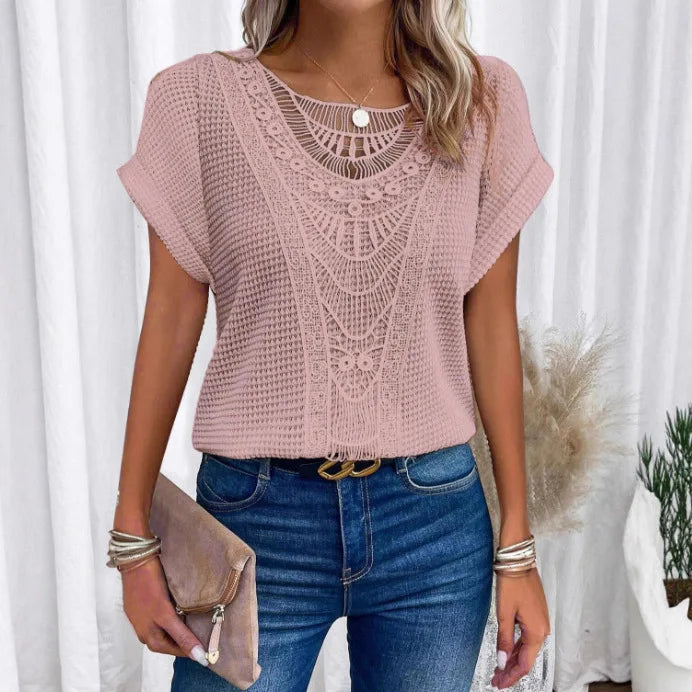 T shirt women 2026 fashion Spring Summer New lace patchwork short-sleeved T-shirt solid color tshirt women's clothing Natalia Home Fashion    Natalia Home Fashion
