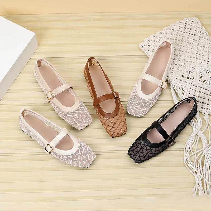 Fishnet Ballet Flats Square Toe Breathable Hollow Mesh Sandals Casual and Comfortable Mary Jane Shoes