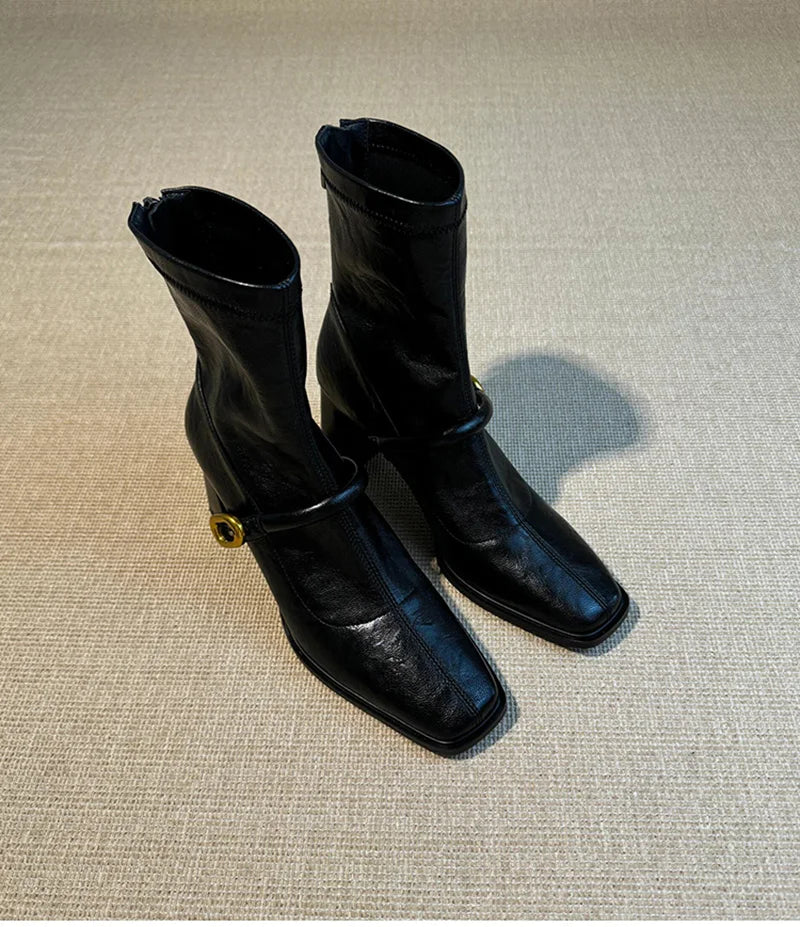 Thick Heel Elastic Slim Women Ankle Boots Fashion Square Toe Autumn Winter Ladies Elegant Mordern Short Booties