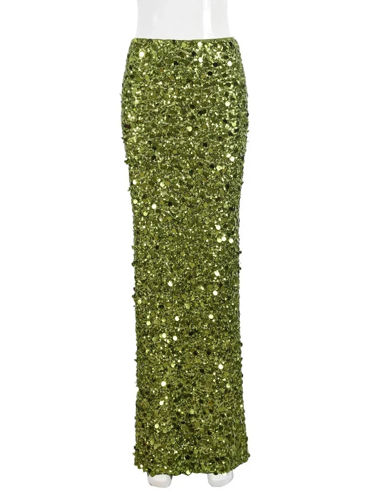 Trendix Party Green Shiny Skirts For Women High Waist Fashion Sequin Patchwork Long Skirts Femme 2024 New Trendy Skirt Clubwear Natalia Home Fashion    Natalia Home Fashion