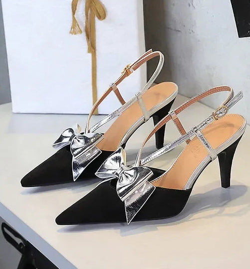 French Style Velvet Pointed Toe High Heels Hollow out Embroidery Butterfly Knot Party Shoes Women's Low Heel Single Shoes