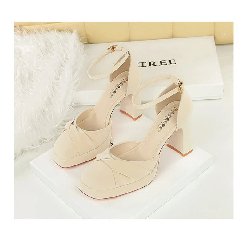One-Strip Ultra-High Heel Sandals Platform Thick Heel Bow Women Shoes Square Toe Shallow Mouth Hollow Shoes