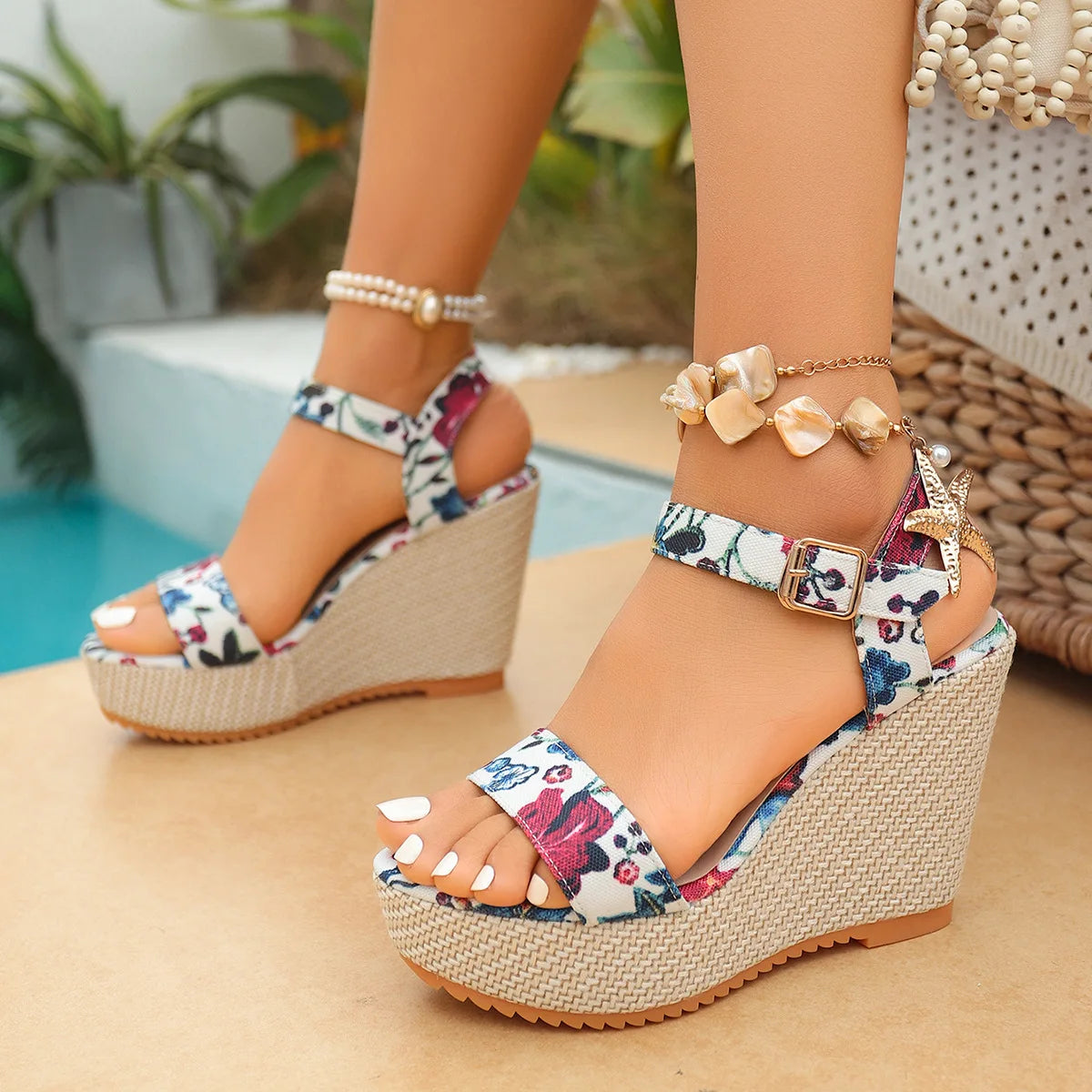 Bohemian Thick Heel Platform Sandals Women's Flip Flops Flower Ribbon Beach Shoes Comfortable round Toe Roman Style