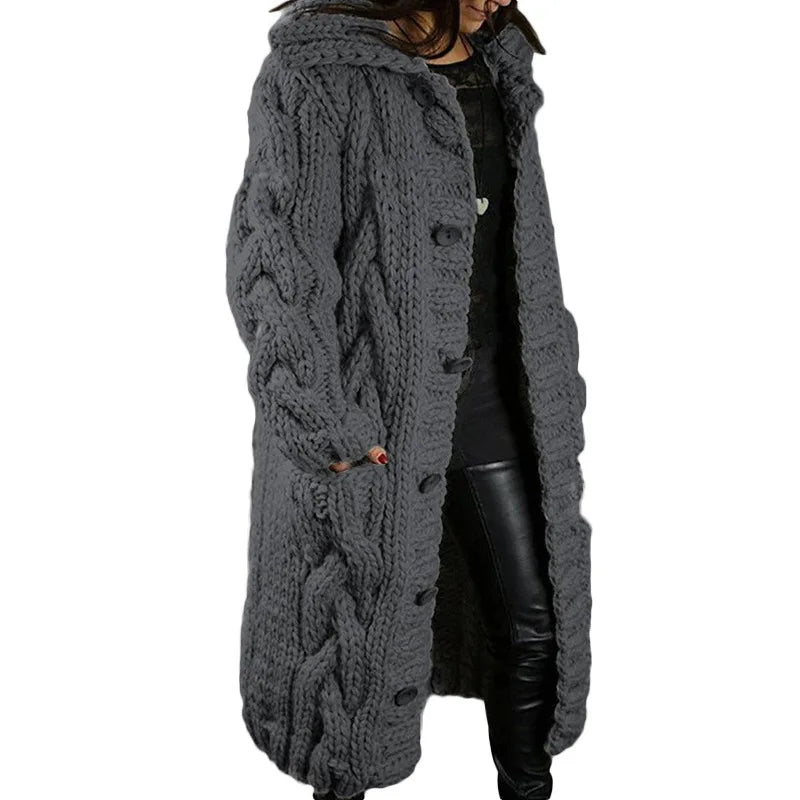 Oversized Women Loose Knitted Sweaters Thick Long Sleeve Pocket Button Knitted Long Cardigan Coats