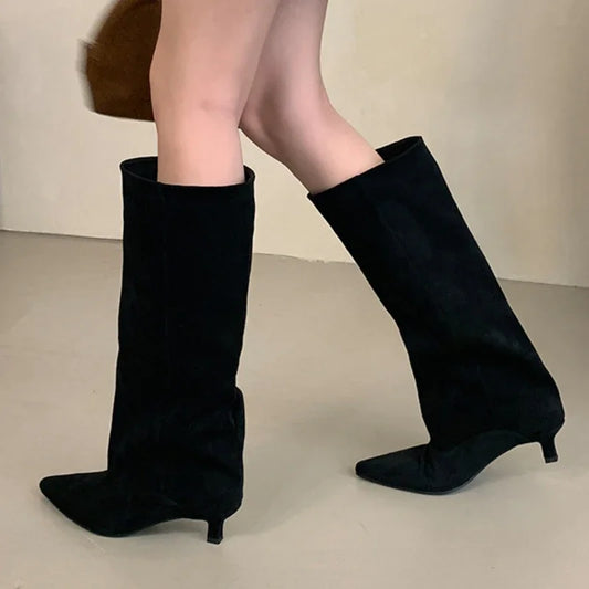 Street Style Pointed Toe Knee-High Boots Women Low Heels Shoes Female Long Booties Women Shoes