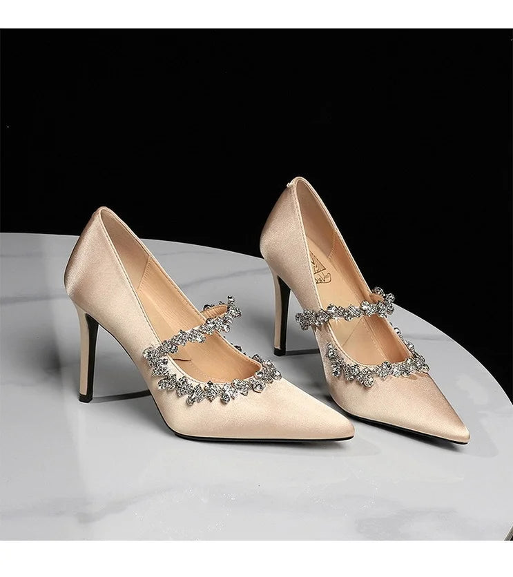 Elegant French Style High Heels Women's Satin Pointed Toe Shoes with Water Diamond Decoration Thin Heel Single Shoes