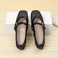 Fishnet Ballet Flats Square Toe Breathable Hollow Mesh Sandals Casual and Comfortable Mary Jane Shoes