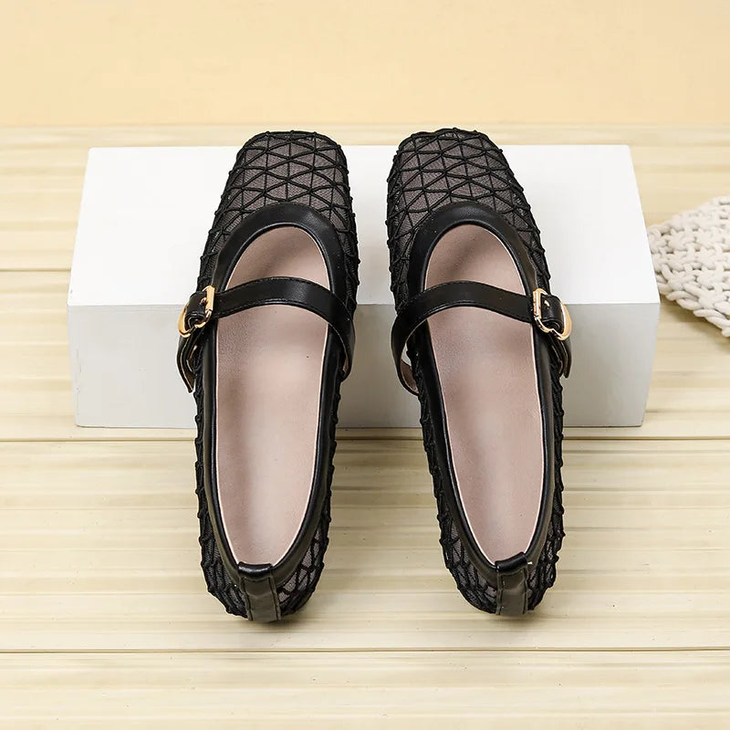 Fishnet Ballet Flats Square Toe Breathable Hollow Mesh Sandals Casual and Comfortable Mary Jane Shoes