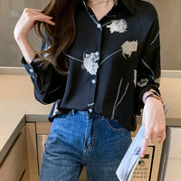 Women's Blouse Long Sleeve Rose Printed Fashionable Chiffon Shirt Long Sleeve Top