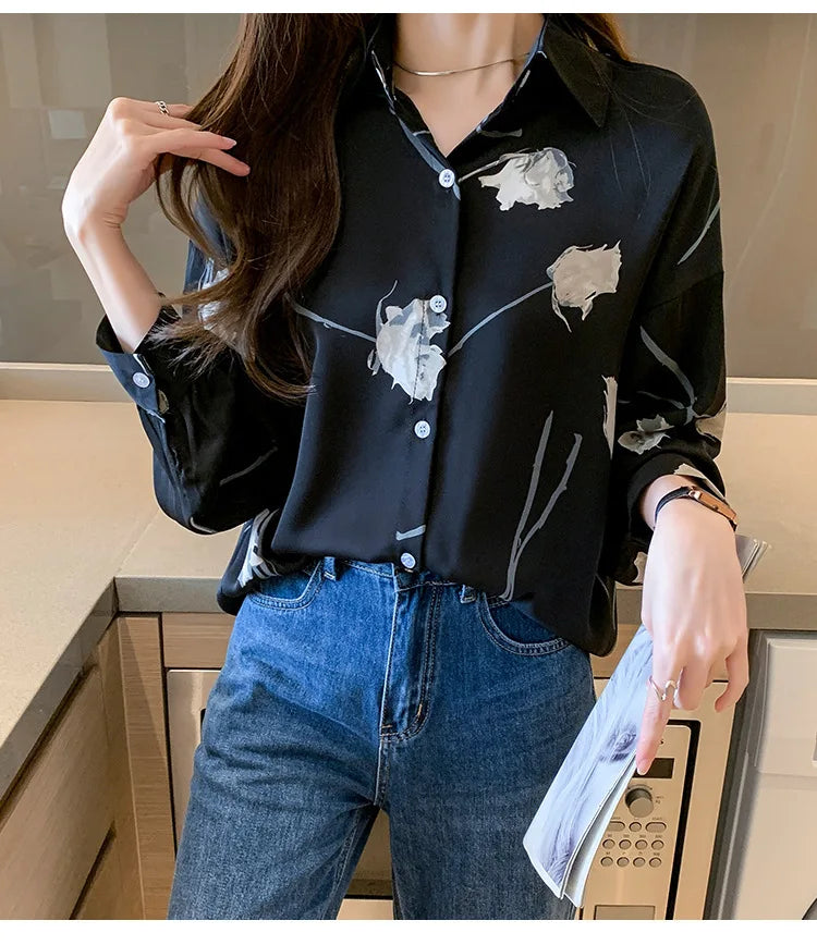 Women's Blouse Long Sleeve Rose Printed Fashionable Chiffon Shirt Long Sleeve Top