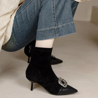 Fashionable Slim Fit Diamond Decorated Pointed Toe High Heel Bootie Mid-Calf Zipper Closure Leather Boot for Women