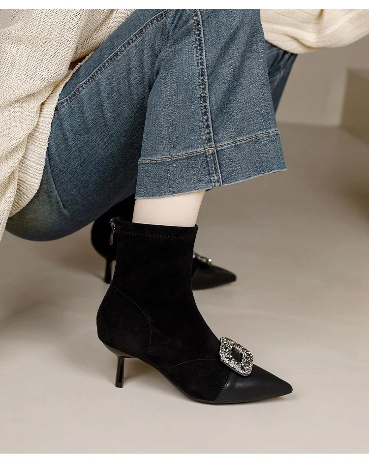 Fashionable Slim Fit Diamond Decorated Pointed Toe High Heel Bootie Mid-Calf Zipper Closure Leather Boot for Women