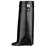 Knee-length Zipper Boots for Women, Thick Soles Metal Decoration Shoes, Shark Lock, High Heels, Designer Fashion Brand - Natalia Home Fashion