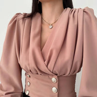 Women's Sexy V-neck Long Sleeved Short Waist Wrapped Bubble Sleeve Solid Shirt