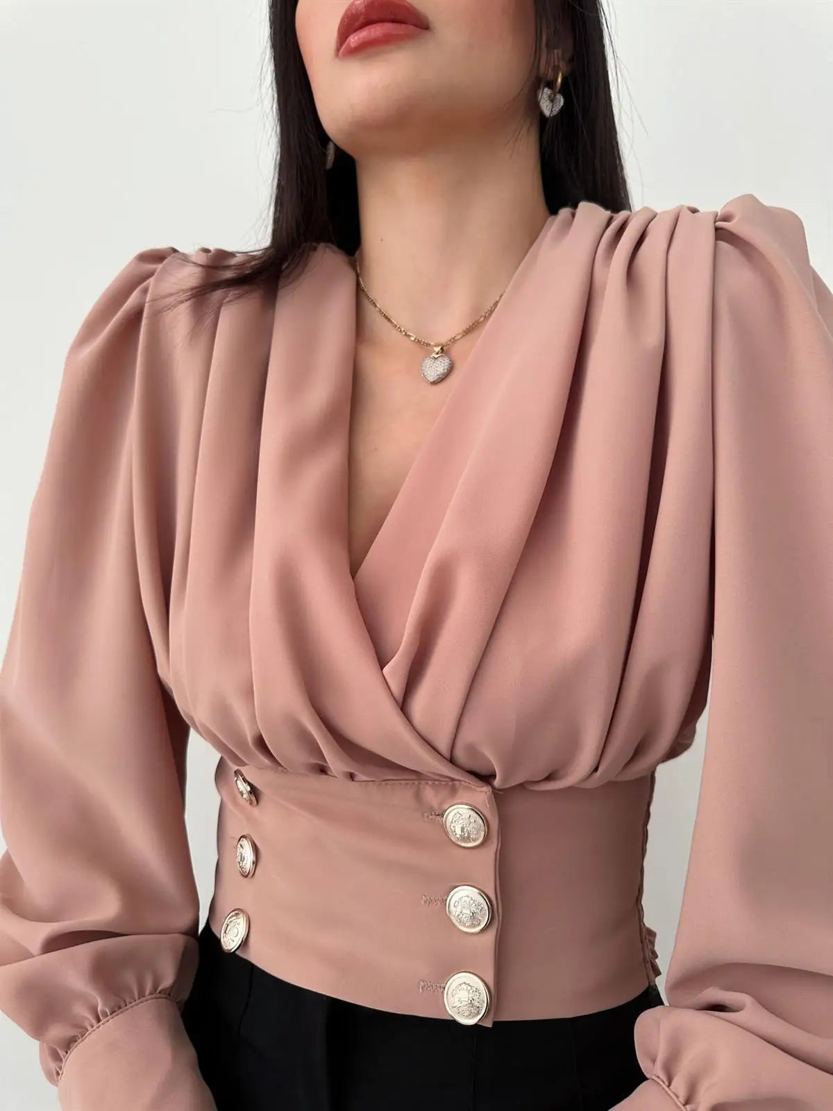 Women's Sexy V-neck Long Sleeved Short Waist Wrapped Bubble Sleeve Solid Shirt
