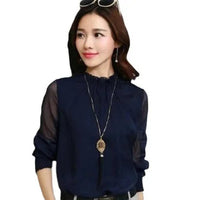 Korean Style Women's Chiffon Shirt Stand Collar Base Layer Top Spring Autumn New Fashion Sexy Mesh Lace Trim Long Sleeve Blouse Natalia Home Fashion    Natalia Home Fashion