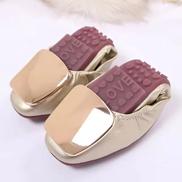 Light Metal buckle roll-up flats ladies shoes cozy moccasins sequined cloth foldable ballet flats woman