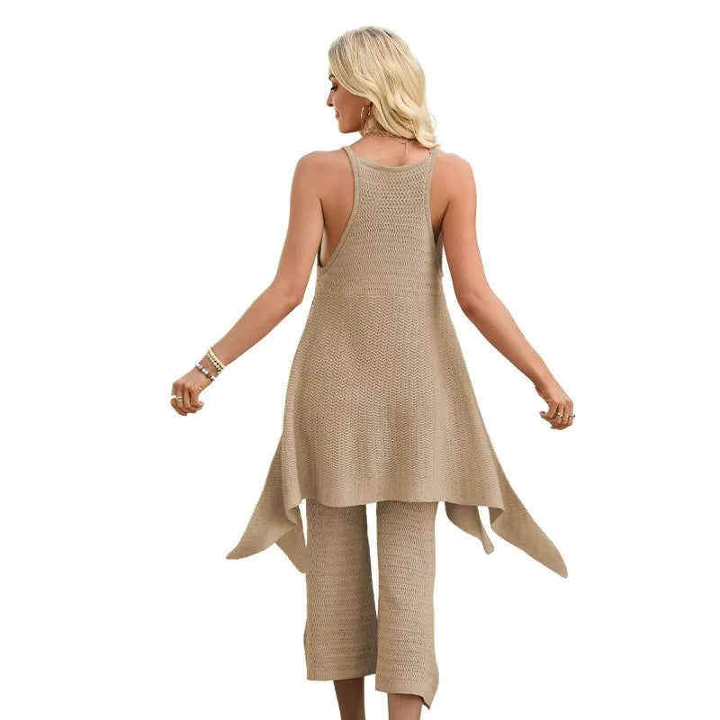 Casual Pants Ensemble Femmes Sleeveless Top Wide Leg Trousers Women's Matching Sets Beige Long Pants Black Knit Pants 2 Piece Natalia Home Fashion    Natalia Home Fashion