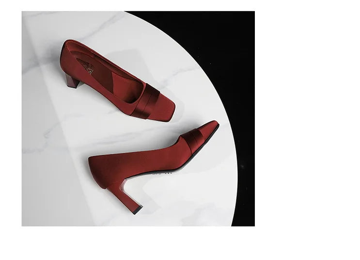 Elegant Satin High Heels Square Toe Slip-On Chunky Heel Comfortable Women's Shoes for Party Fashion Footwear Summer Autumn