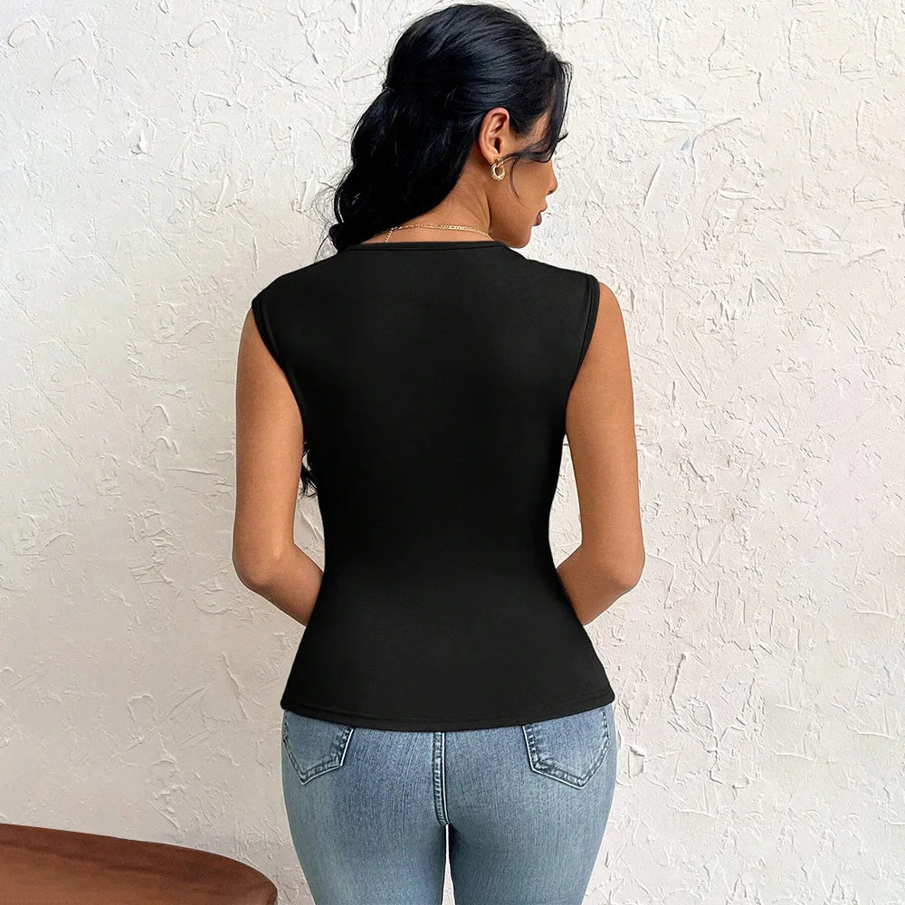 Spring Summer Elegant Stylish Daily Dating Casual Women's Sleeveless Tops Side Ruched Asymmetric Hem One-Shoulder Cut out