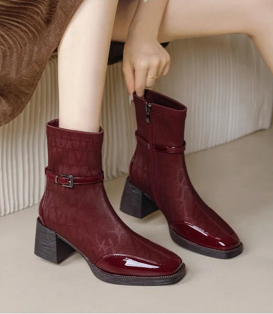 Women's Side Zipper Boot High Heel Short Boot Winter Mid-Calf Boot Chinese Style National Wedding Boot
