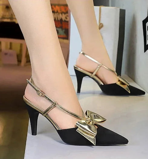 French Style Velvet Pointed Toe High Heels Hollow out Embroidery Butterfly Knot Party Shoes Women's Low Heel Single Shoes