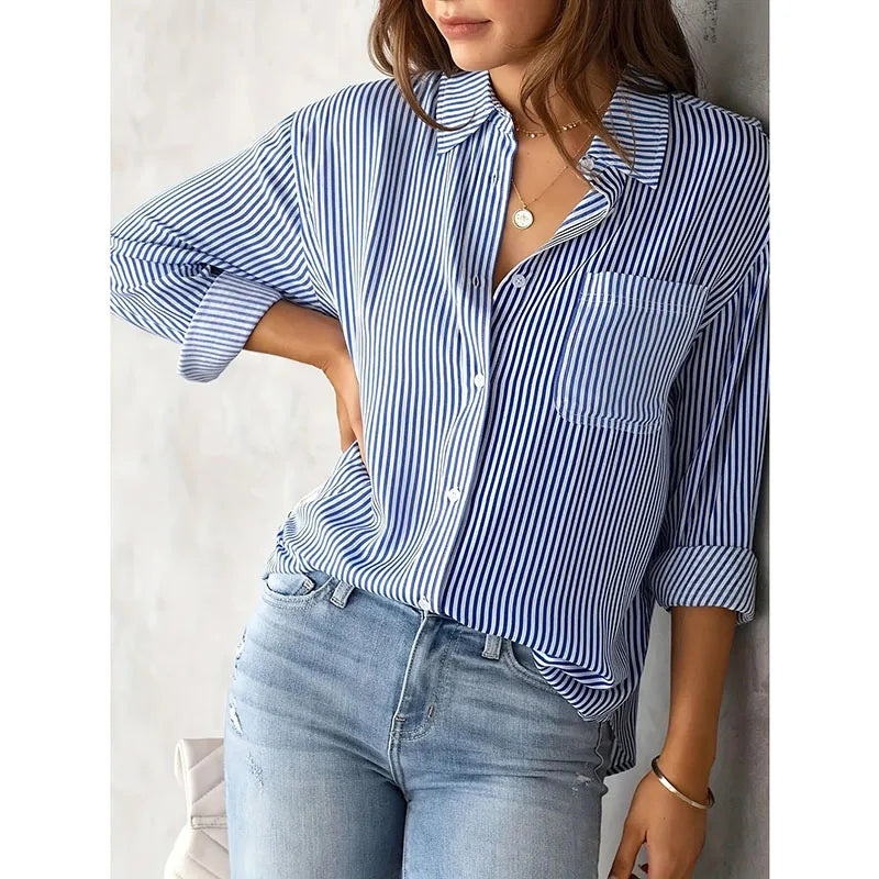 Classic Striped Shirt Women Streetwear Vintage Long Sleeve Blouses Female Casual Loose Single-Breasted Shirts