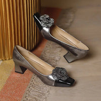 Rhinestone Camellia Flower Women's Shoes Square Toe Thick Heels 5cm Ladies Pumps Party Shoes