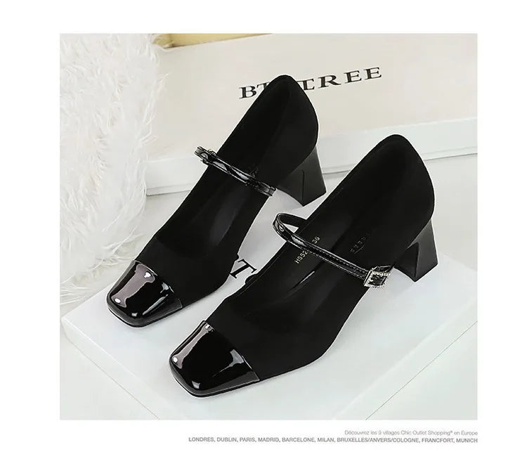 Leopard Print Women Pumps Suede Middle Heel Shoes Sexy Mary Jane Shoes Rhinestone Buckle Ladies Shoe Square Head