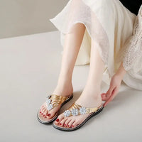 Women's Flat Sandals Summer Outdoor Beach Shoes Silver Clip Board Slippers with Three Flowers And Sequins PVC Material - Natalia Home Fashion