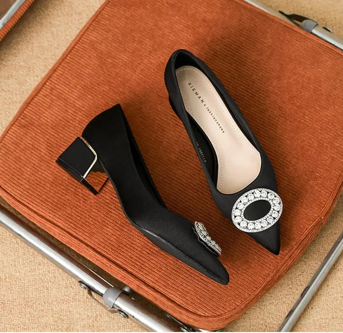 Soft Leather Black Pointed Toe Work Shoes Spring Autumn New Style Comfortable Thick Heel Professional Soft Bottom Shoes